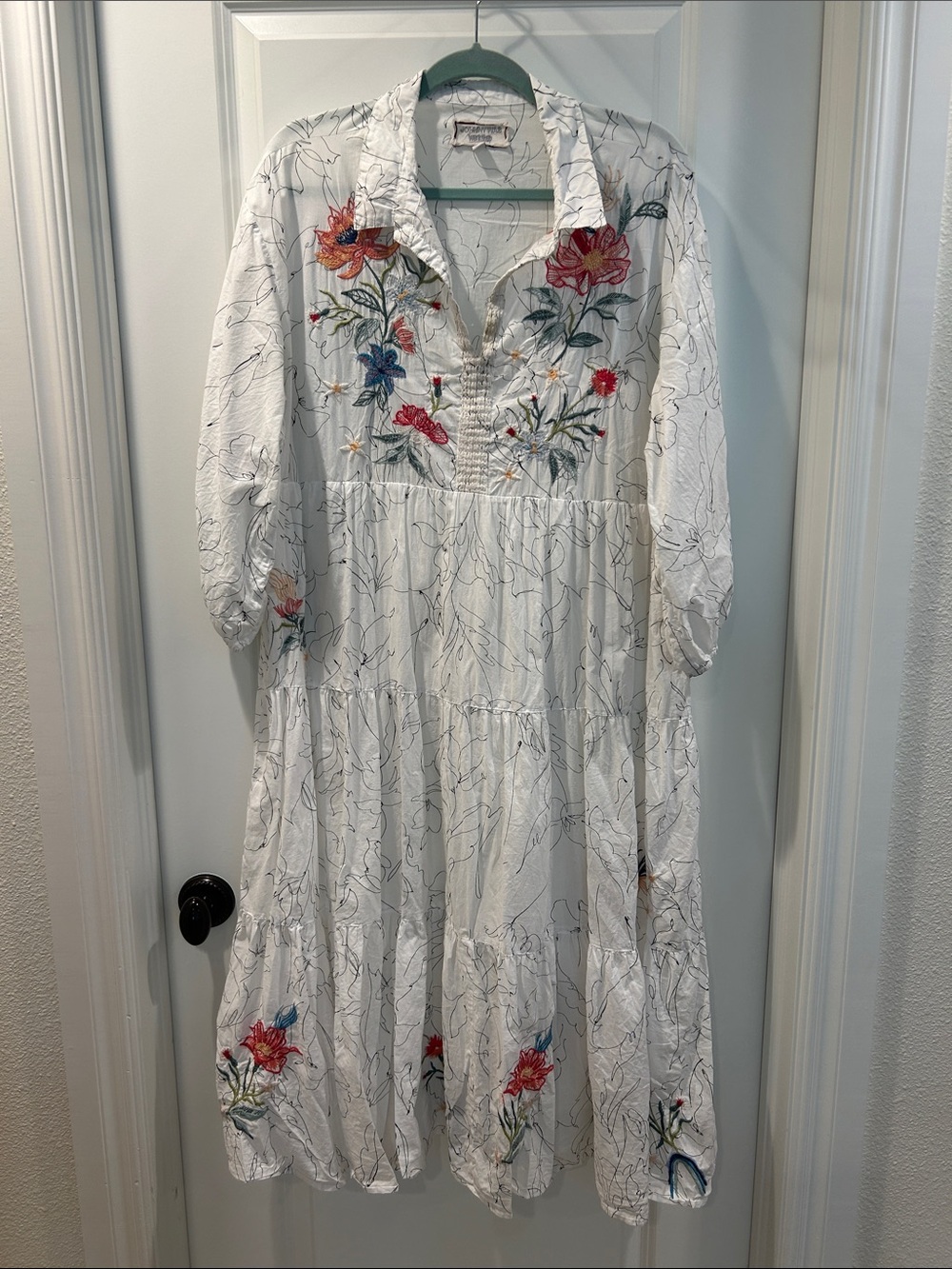 Johnny Was White Embroidered Floral Tiered Maxi Dress